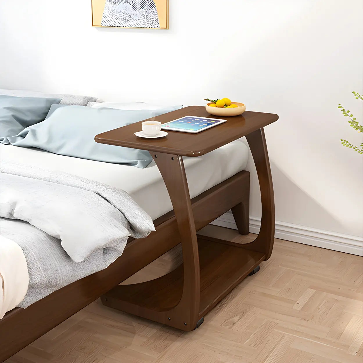 C-Shaped Walnut Multipurpose Side Table with Casters