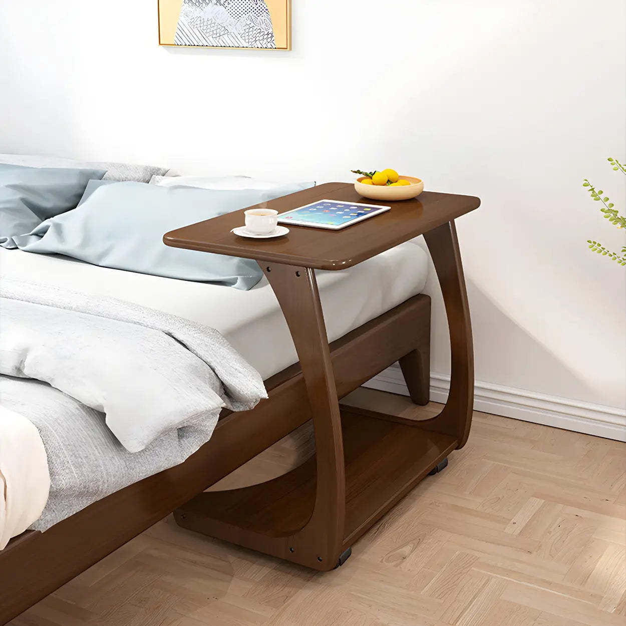 C-Shaped Walnut Multipurpose Side Table with Casters