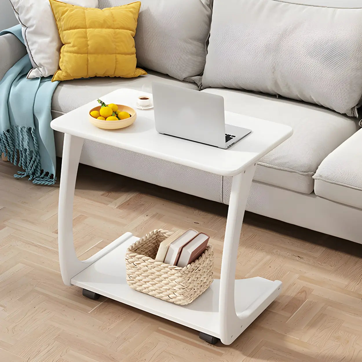 C-Shaped Walnut Multipurpose Side Table with Casters