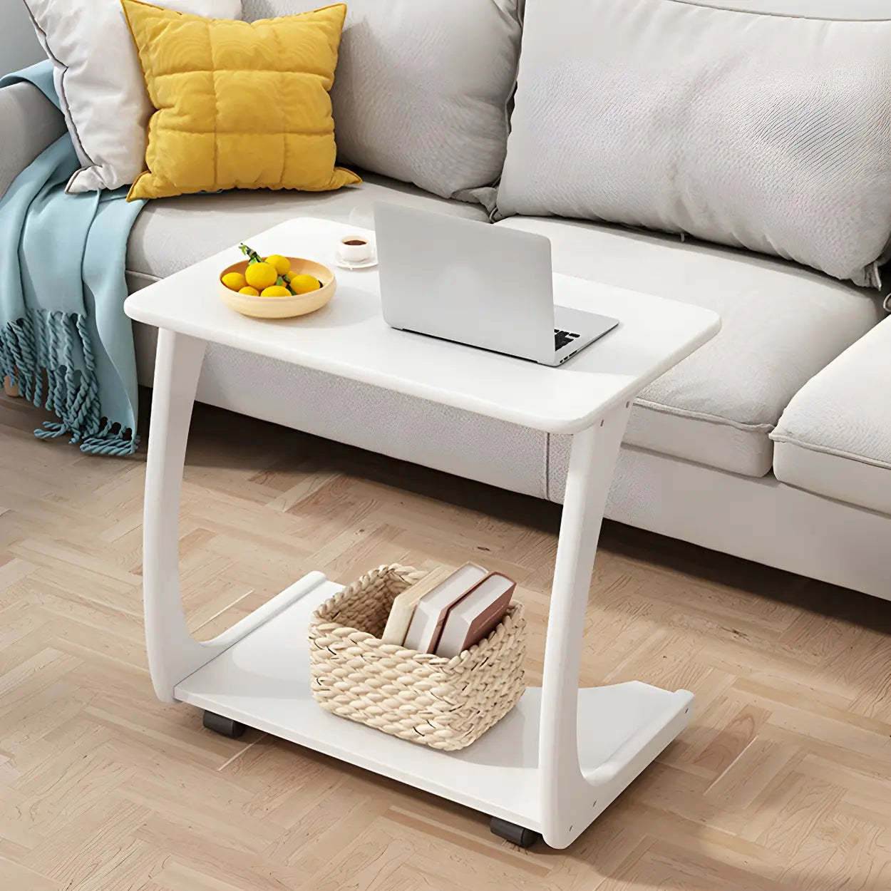 C-Shaped Walnut Multipurpose Side Table with Casters