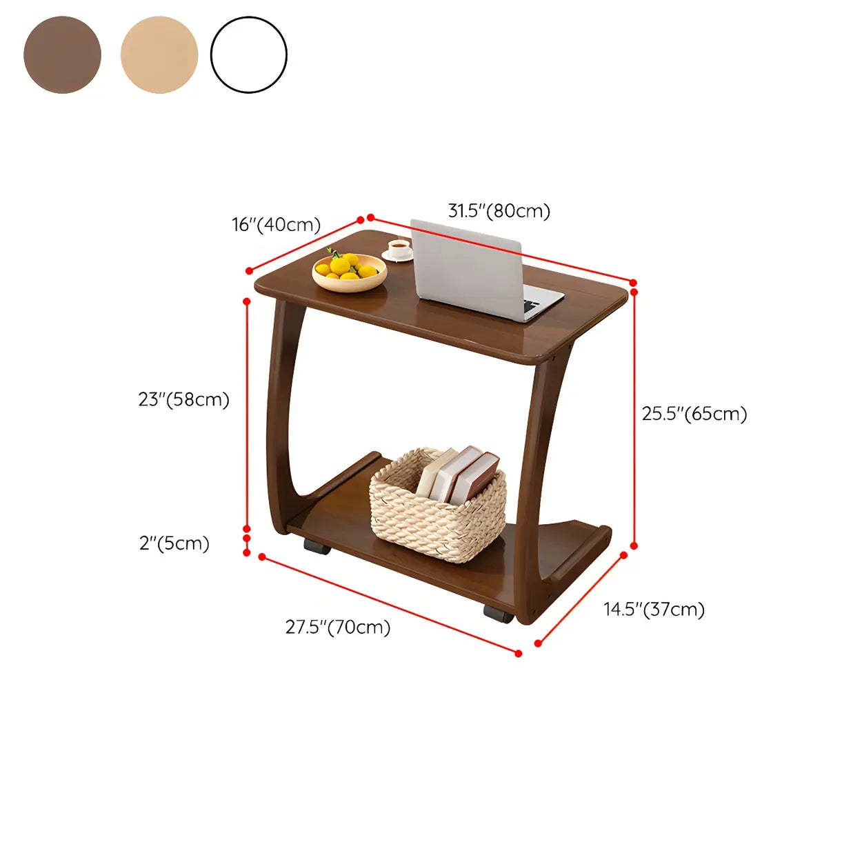 C-Shaped Walnut Multipurpose Side Table with Casters