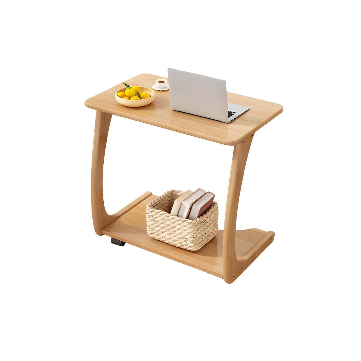 C-Shaped Walnut Multipurpose Side Table with Casters — Natural Finish / 1