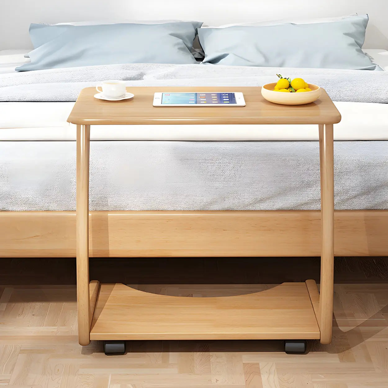 C-Shaped Walnut Multipurpose Side Table with Casters — Natural Finish / 2