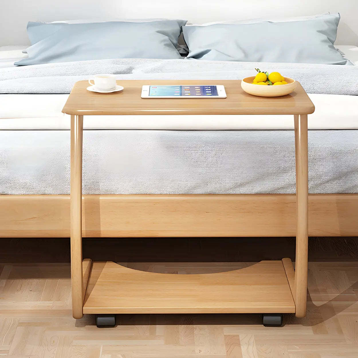 C-Shaped Walnut Multipurpose Side Table with Casters — Natural Finish / 2