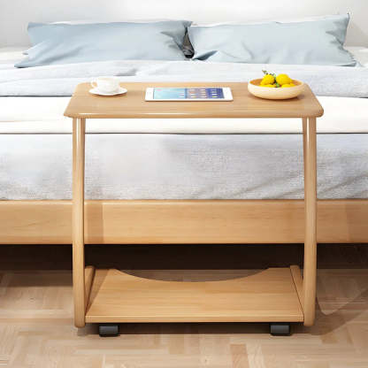 C-Shaped Walnut Multipurpose Side Table with Casters — Natural Finish / 2