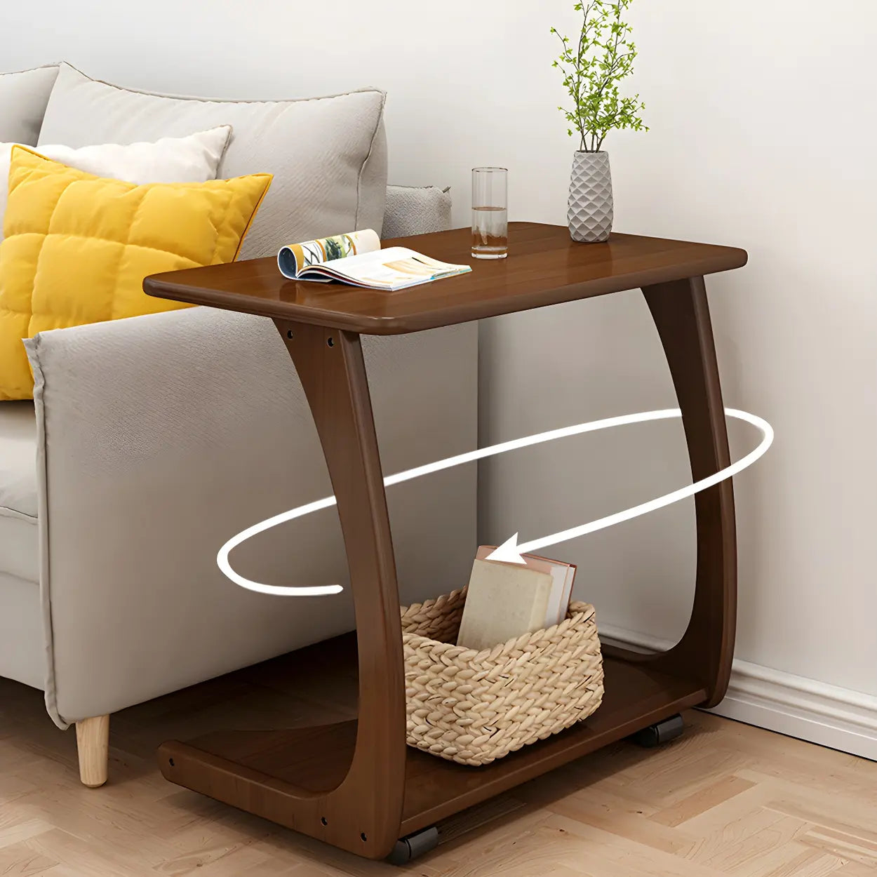 C-Shaped Walnut Multipurpose Side Table with Casters — Walnut / 1