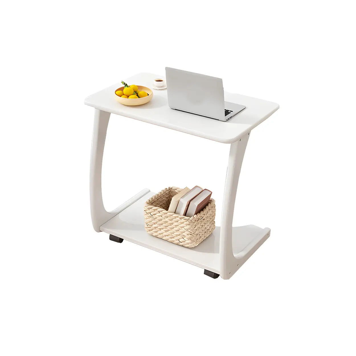C-Shaped Walnut Multipurpose Side Table with Casters — White / 1