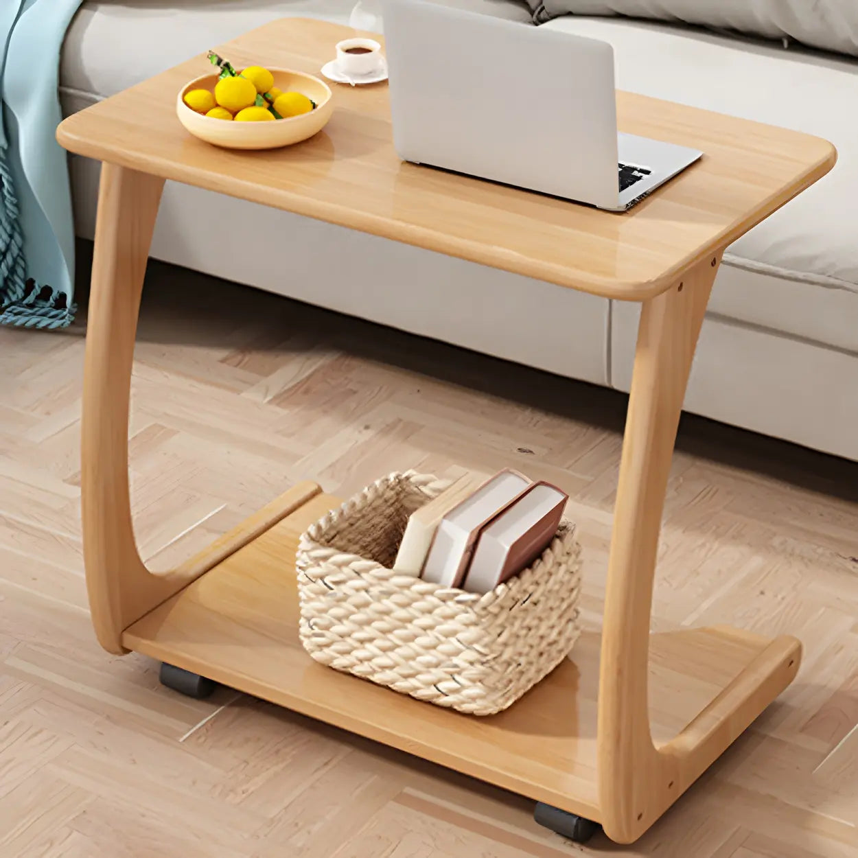 C-Shaped Walnut Multipurpose Side Table with Casters — White / 2