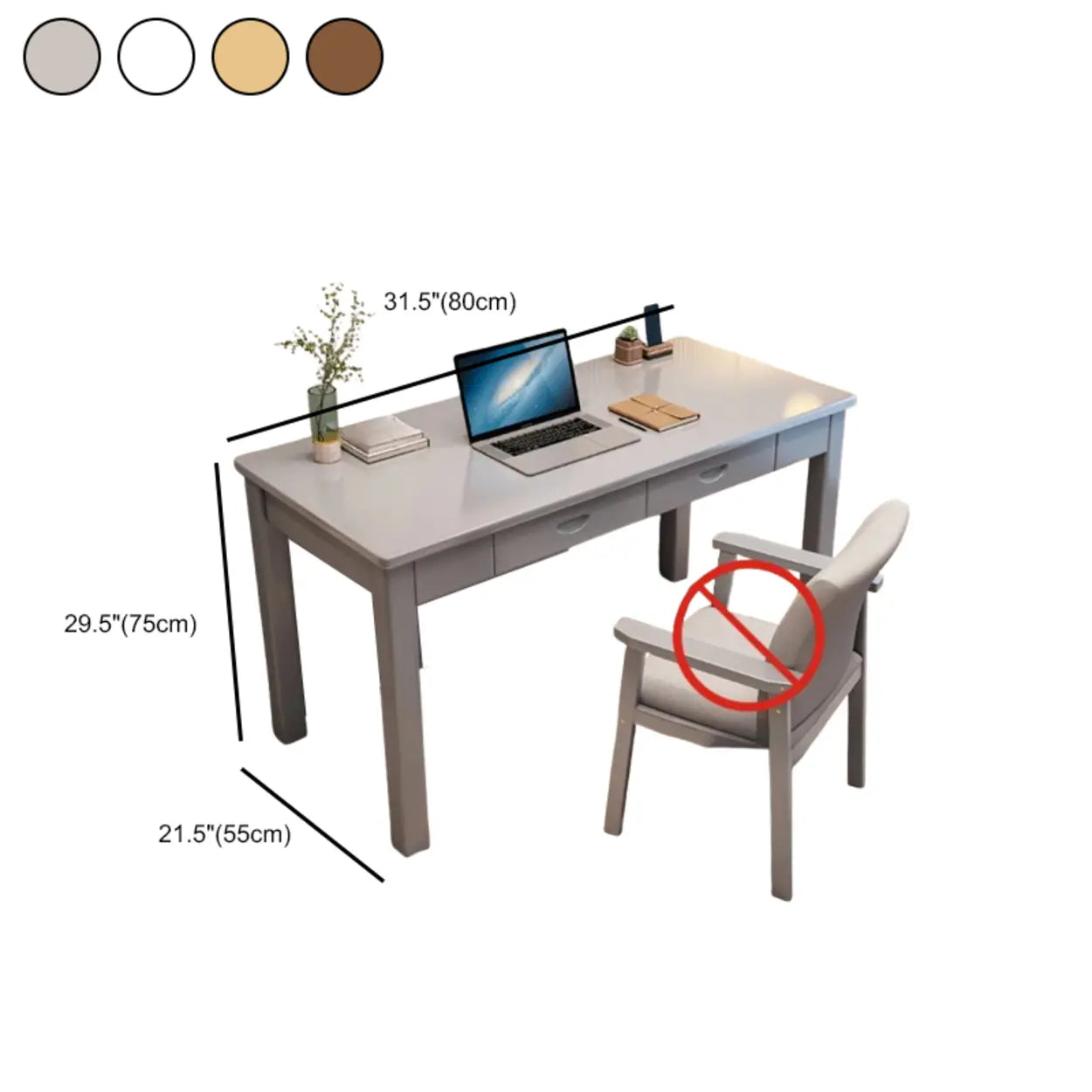 Brown Natural Wood Desk with Drawers — Grey / Table Only