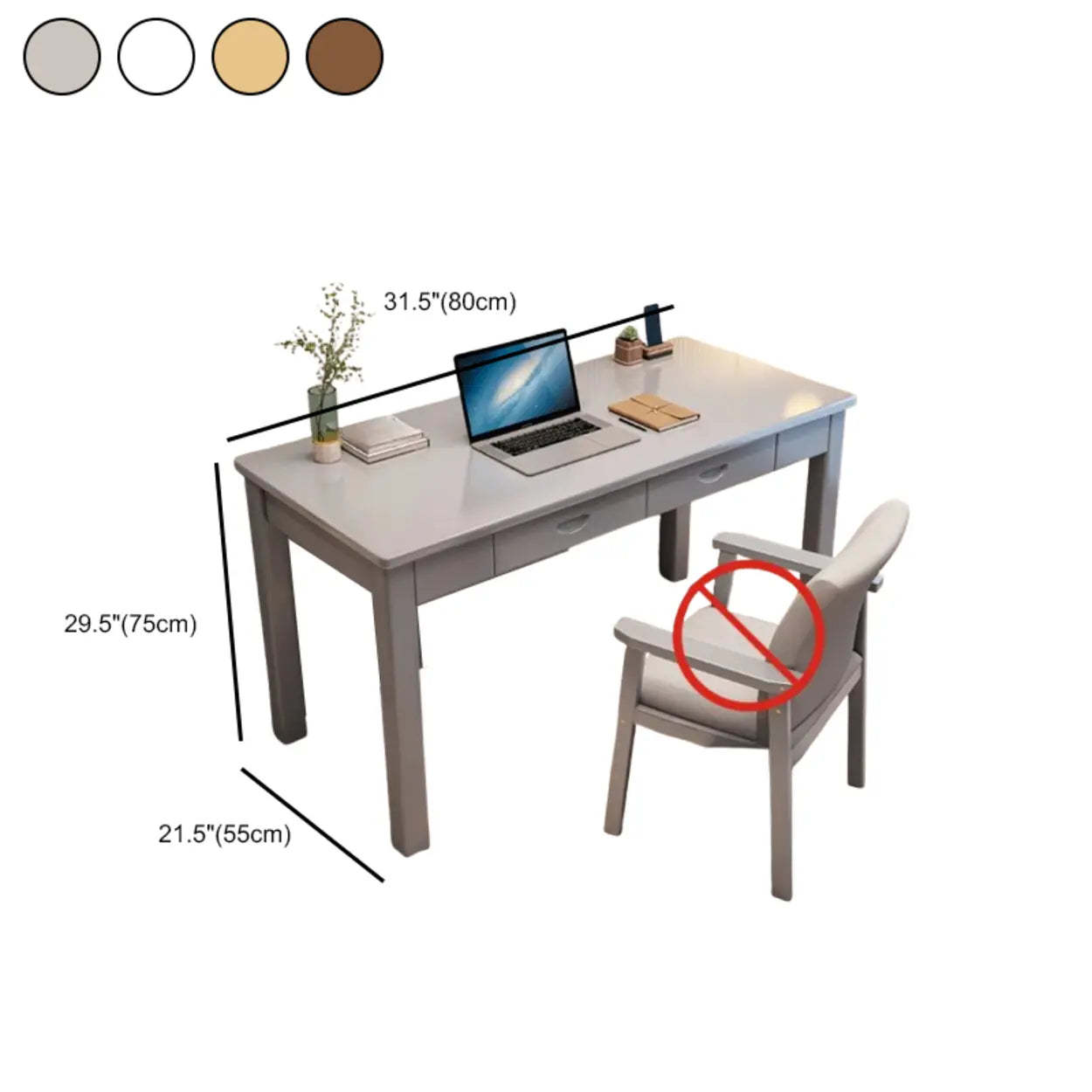 Brown Natural Wood Desk with Drawers — Grey / Table Only