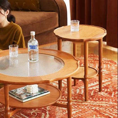 Japanese Wood Round End Table 2-Tier