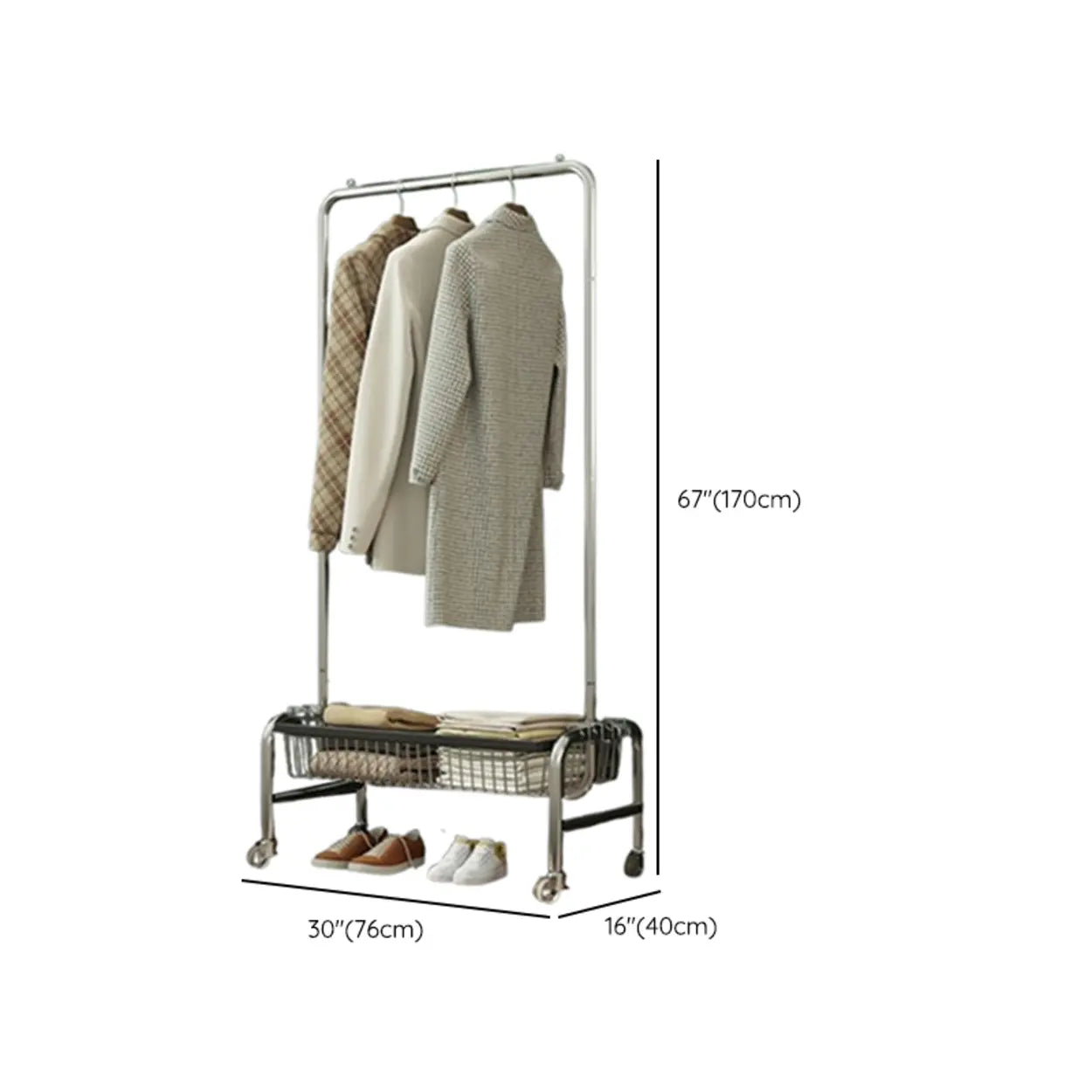 Silver Metal Rectangular Coat Rack with Basket