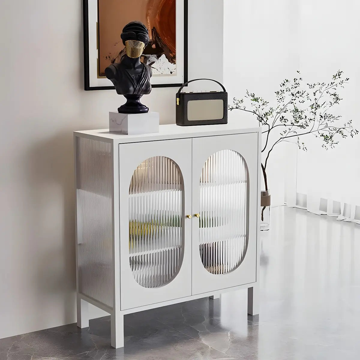 White Metal Cabinet Sideboard with Clear Glass Doors — Black