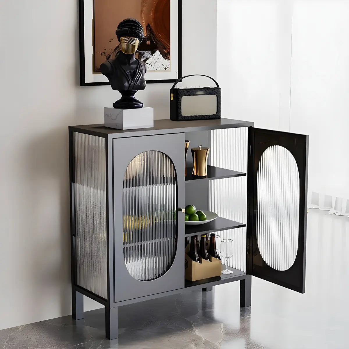 White Metal Cabinet Sideboard with Clear Glass Doors — White