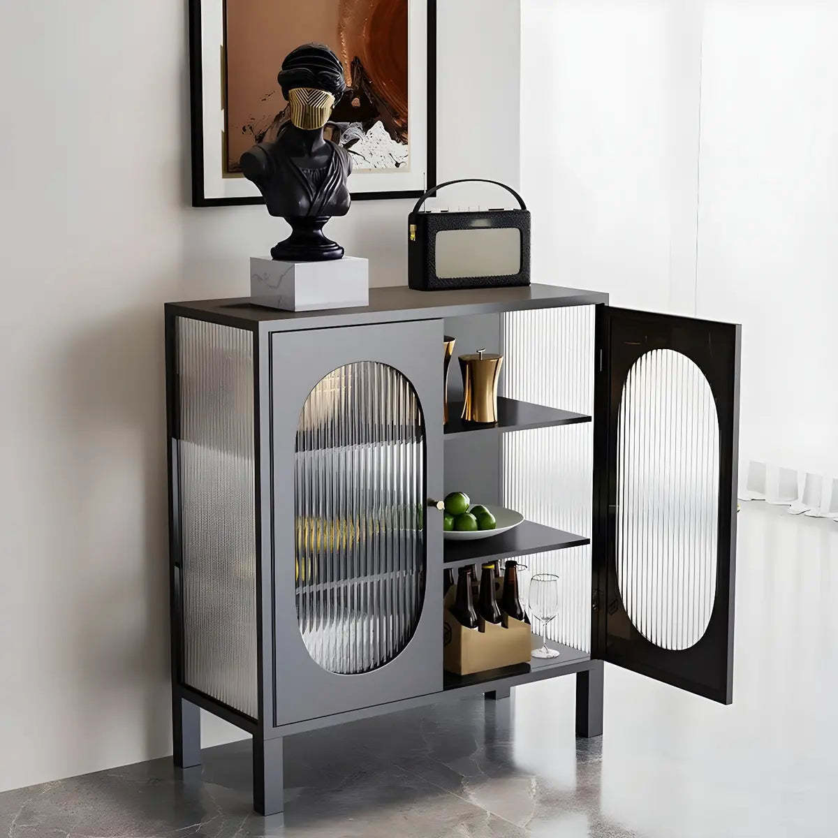 White Metal Cabinet Sideboard with Clear Glass Doors — White