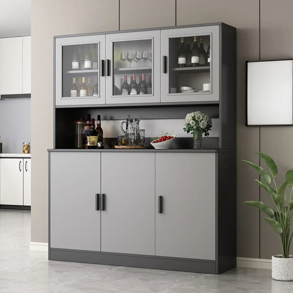 Narrow Gray Wood Cabinet Large Open Buffet — Walnut