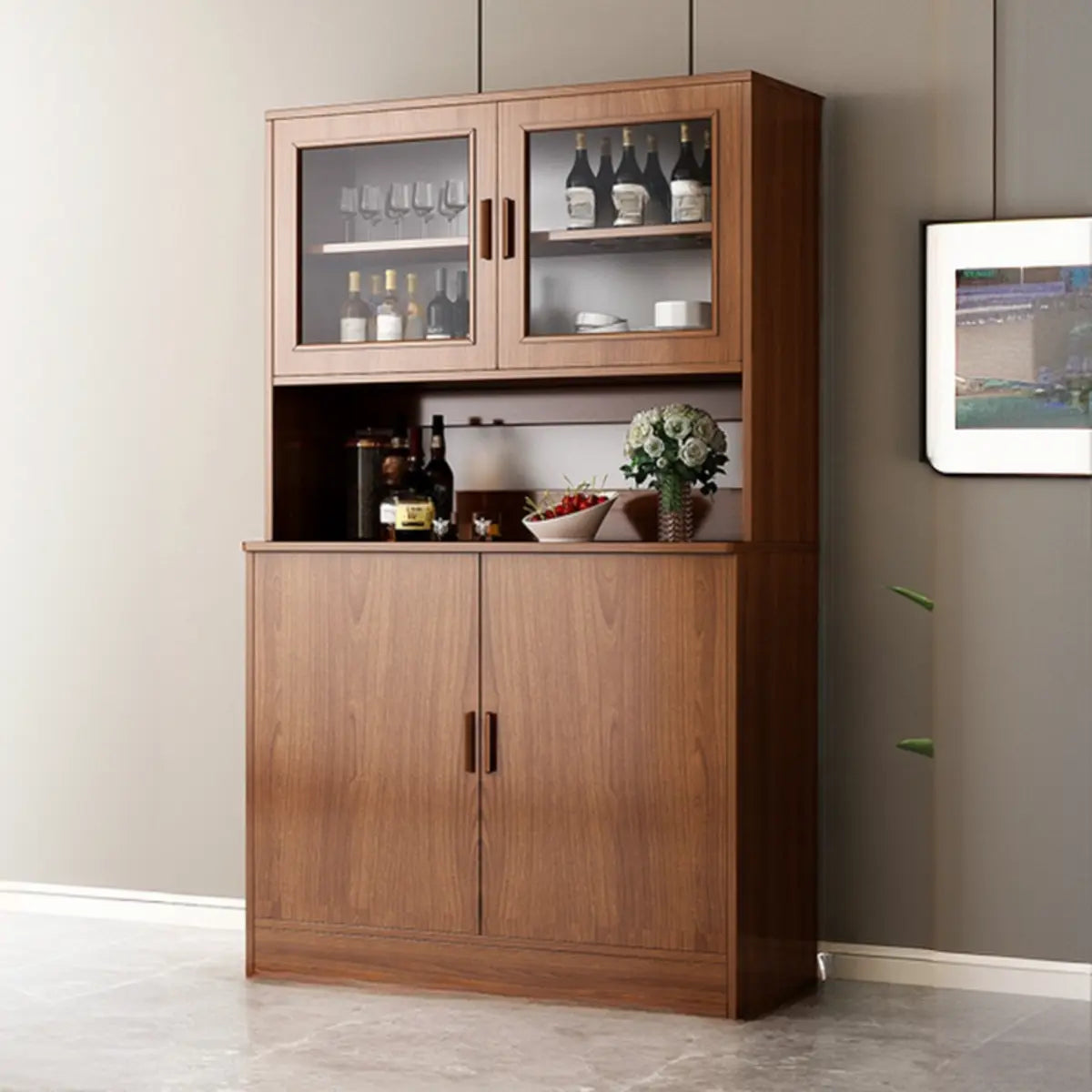 Narrow Gray Wood Cabinet Large Open Buffet — Cherry Wood