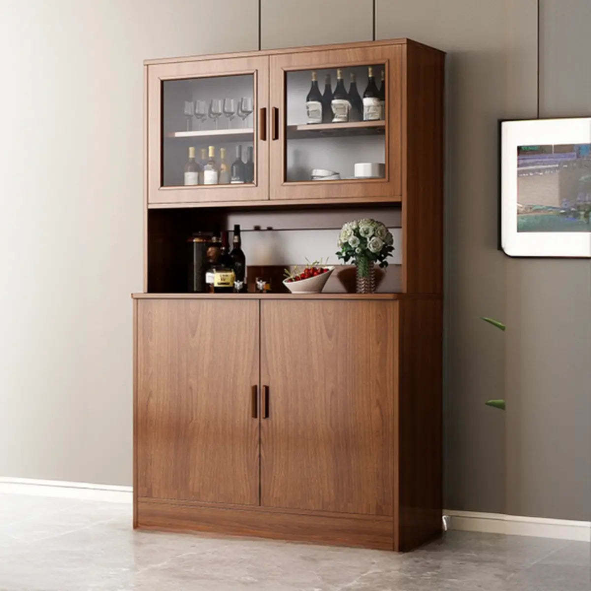 Modern open buffet wine cabinets in wood — 31" L x 13" W x 72" H / Walnut