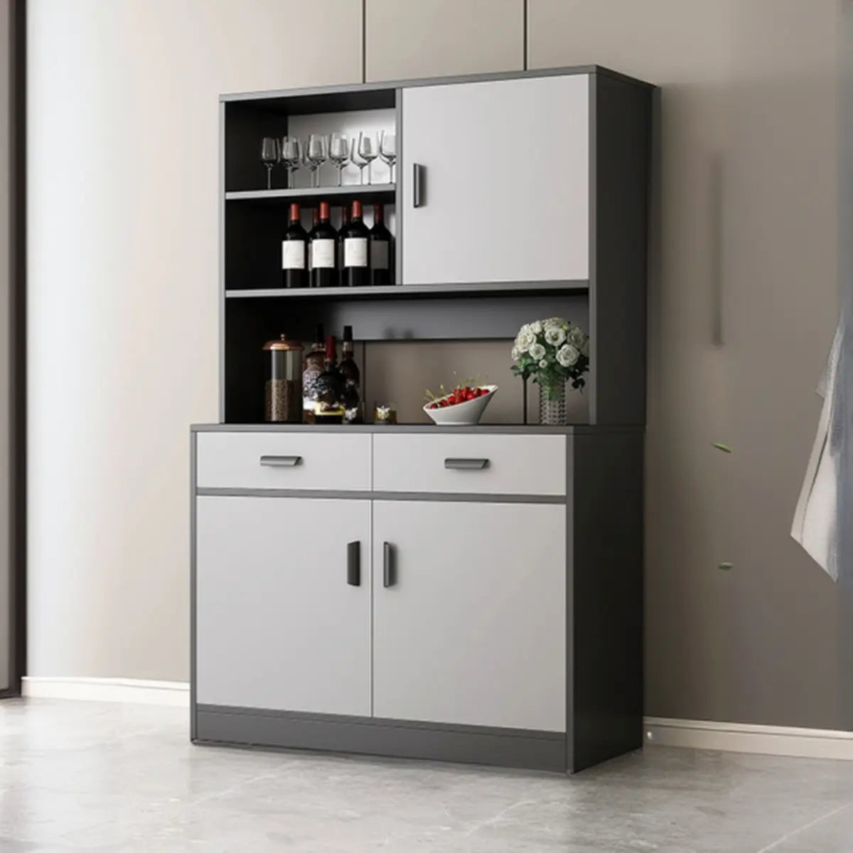 Narrow Gray Wood Cabinet Large Open Buffet — Grey