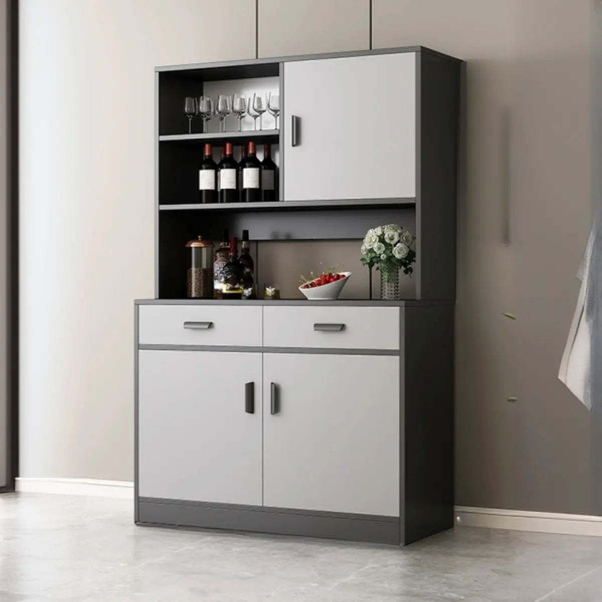 Narrow Gray Wood Cabinet Large Open Buffet — Grey