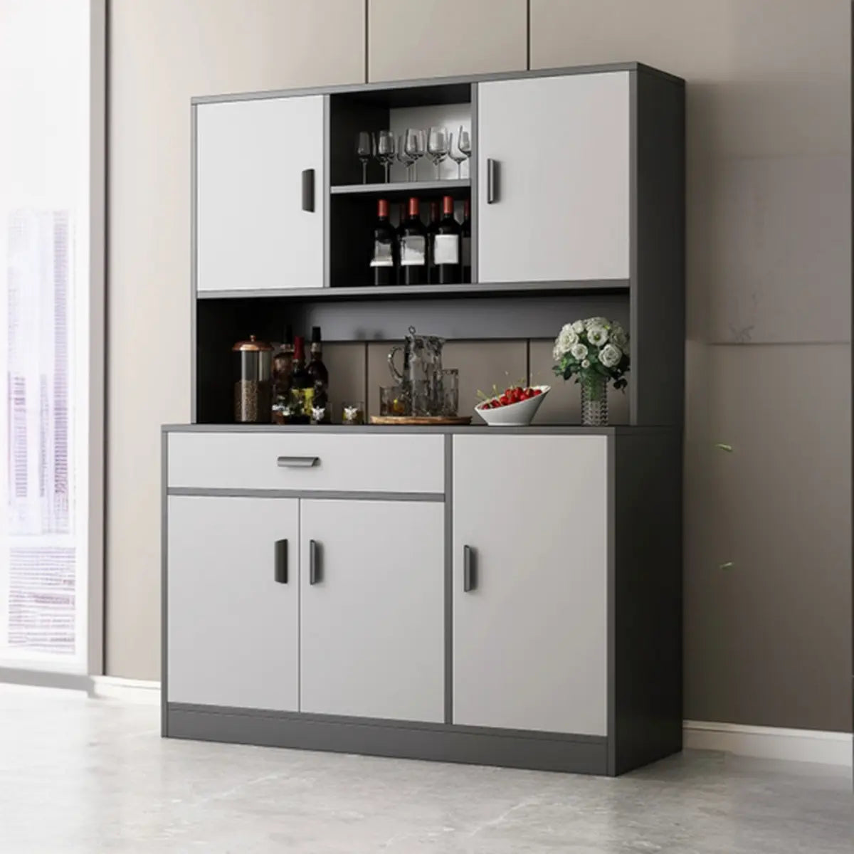 Narrow Gray Wood Cabinet Large Open Buffet — Grey