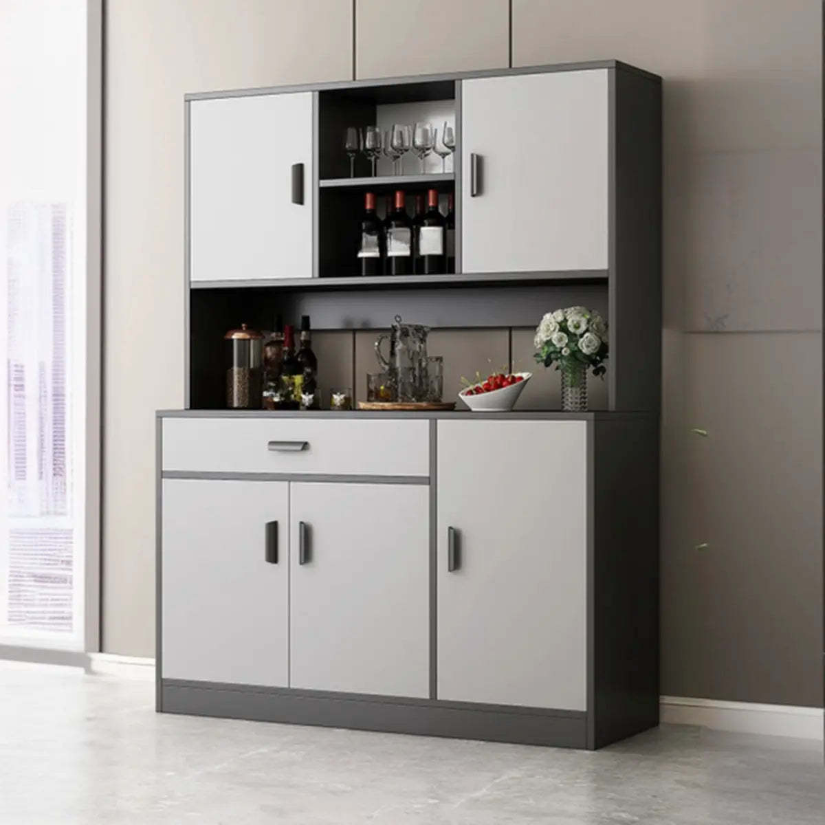 Narrow Gray Wood Cabinet Large Open Buffet — Grey