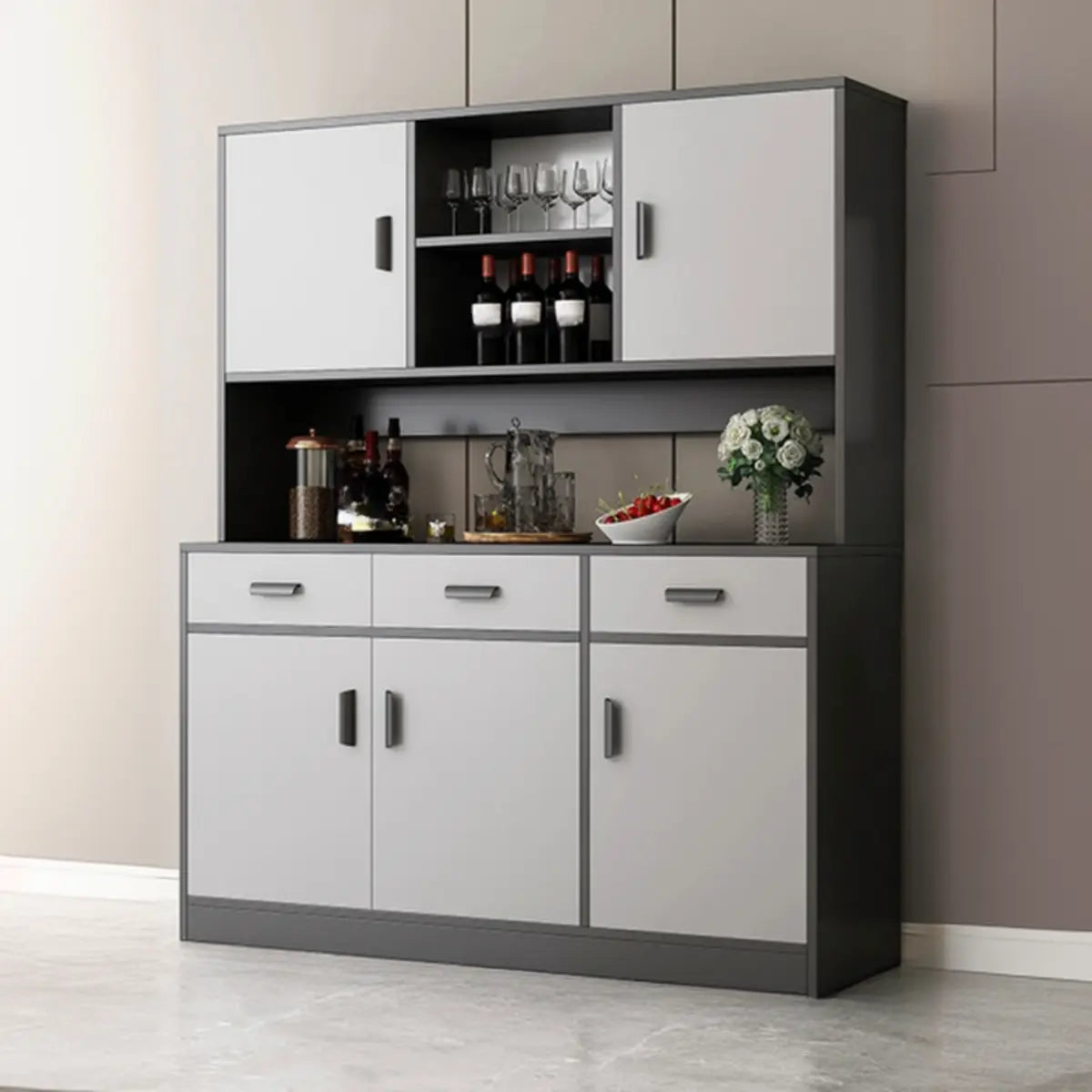 Narrow Gray Wood Cabinet Large Open Buffet