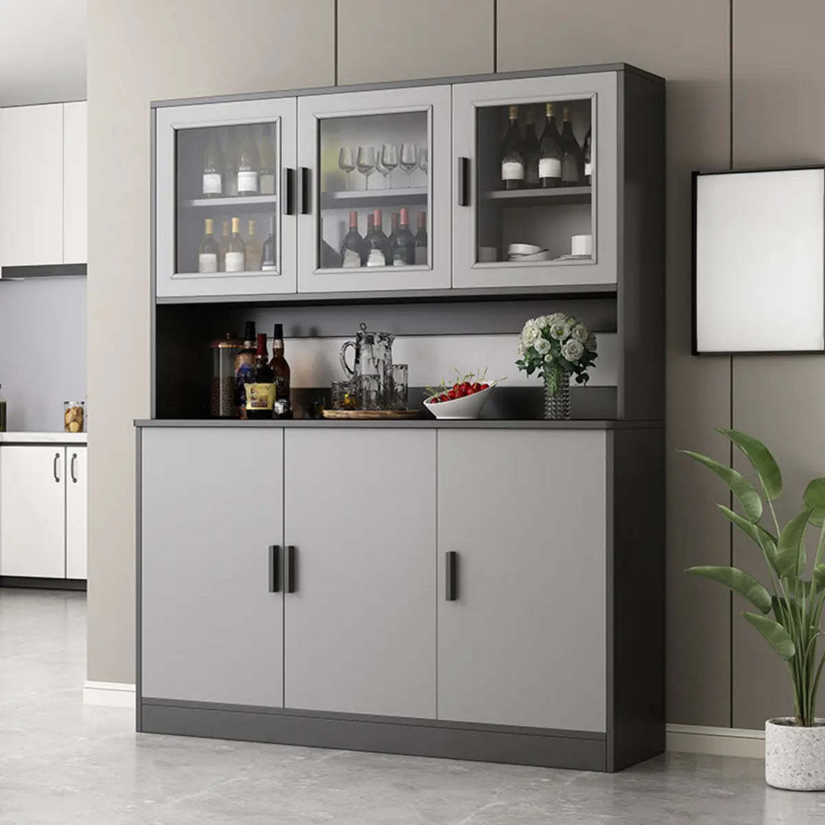 Narrow Gray Wood Cabinet Large Open Buffet — Walnut
