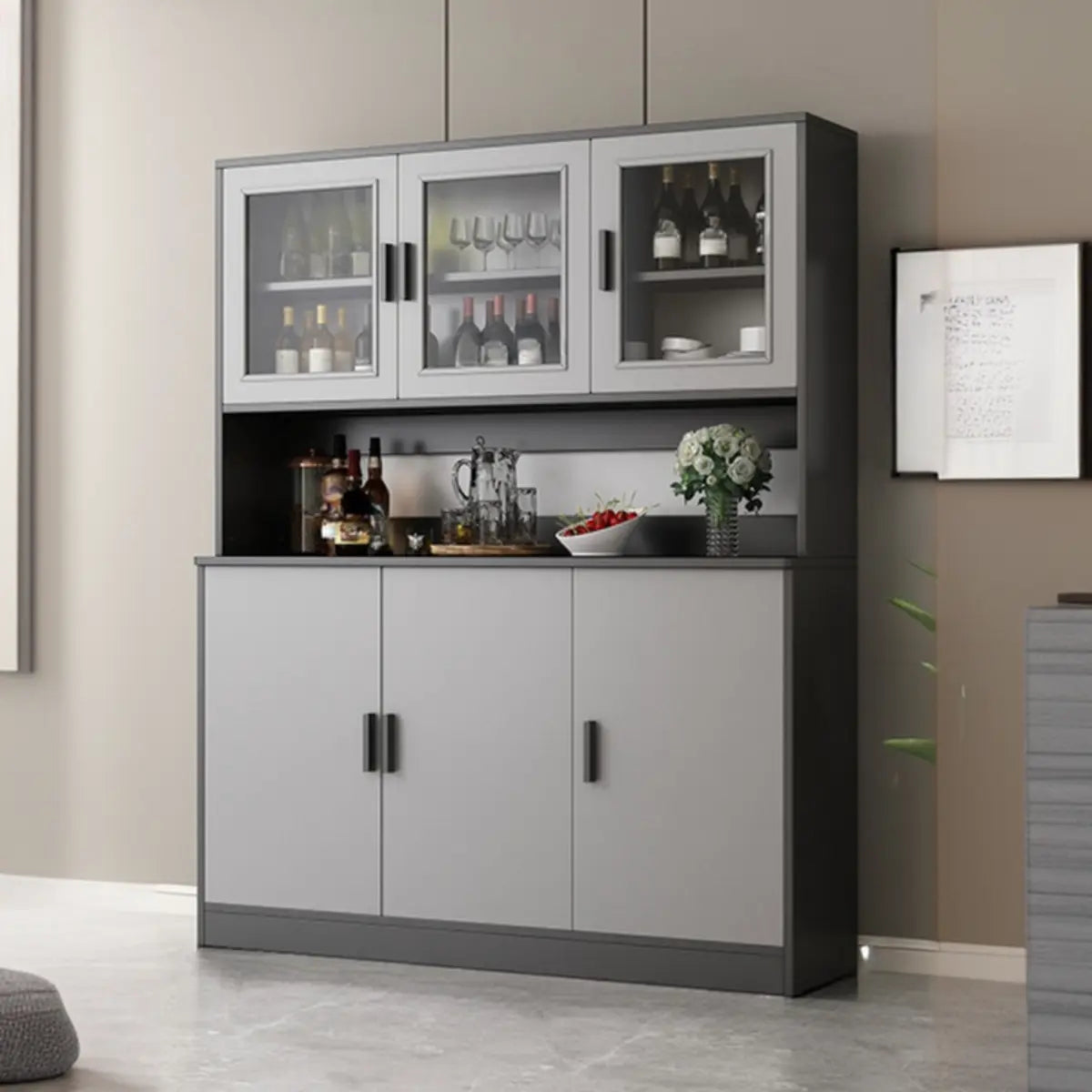 Narrow Gray Wood Cabinet Large Open Buffet — Cherry Wood