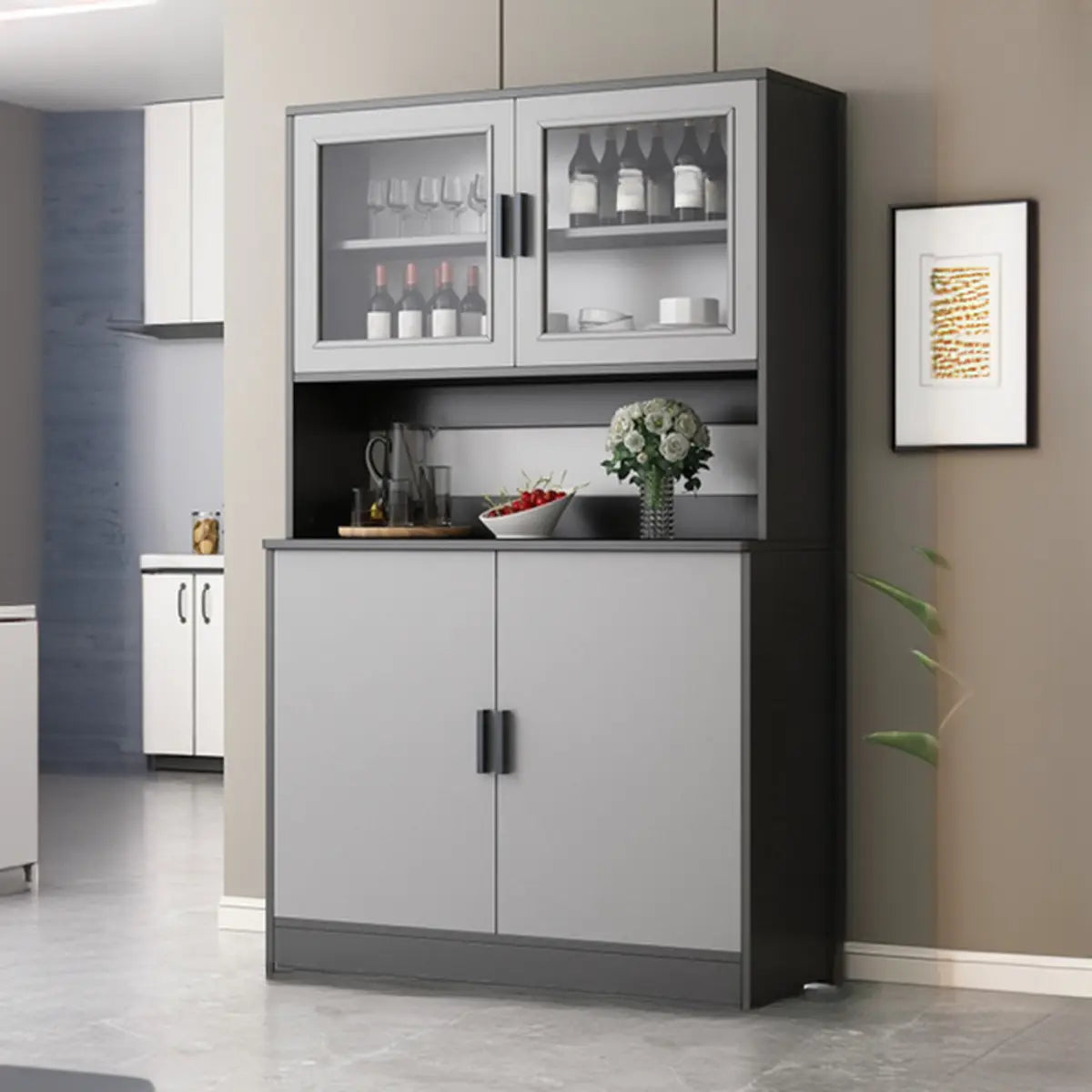 Narrow Gray Wood Cabinet Large Open Buffet — Grey