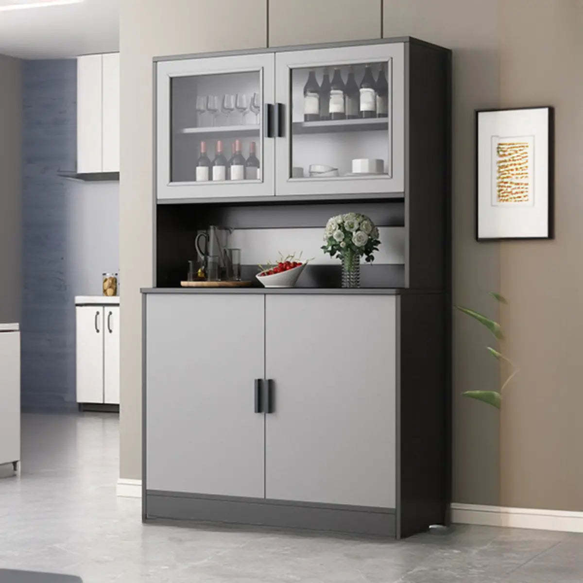 Narrow Gray Wood Cabinet Large Open Buffet — Grey