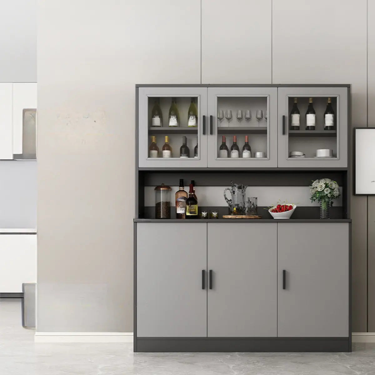 Narrow Gray Wood Cabinet Large Open Buffet — Grey
