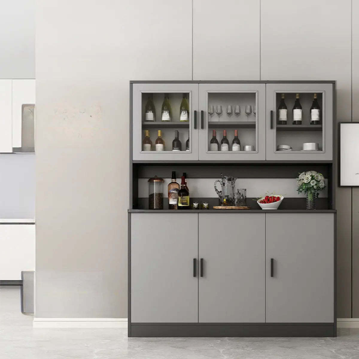 Narrow Gray Wood Cabinet Large Open Buffet — Grey