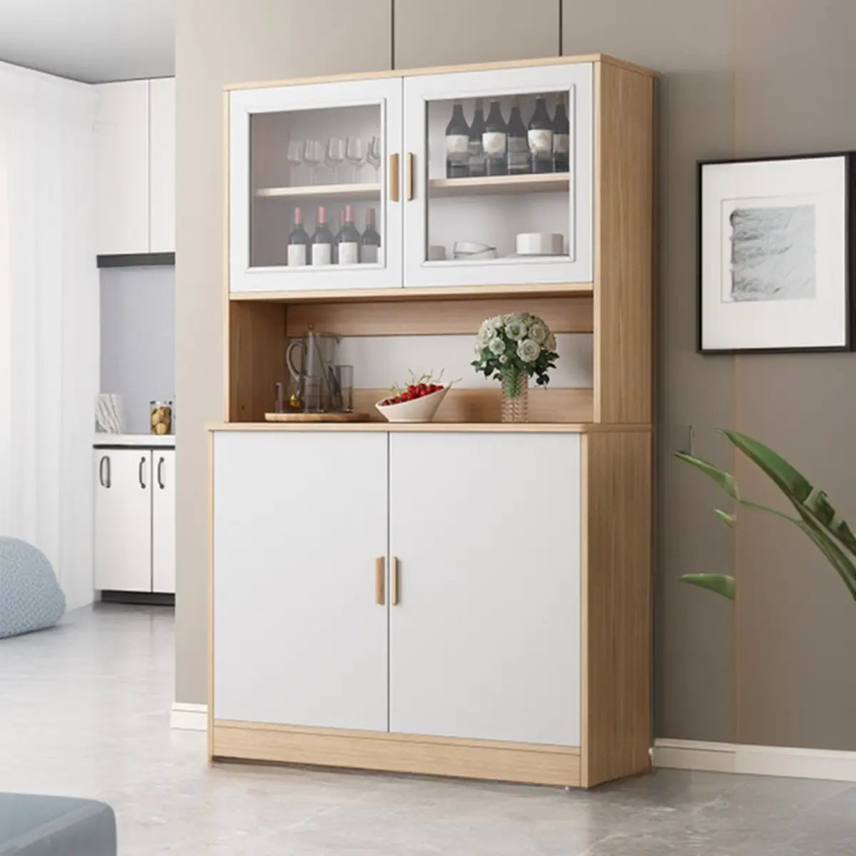 Narrow Gray Wood Cabinet Large Open Buffet — Walnut
