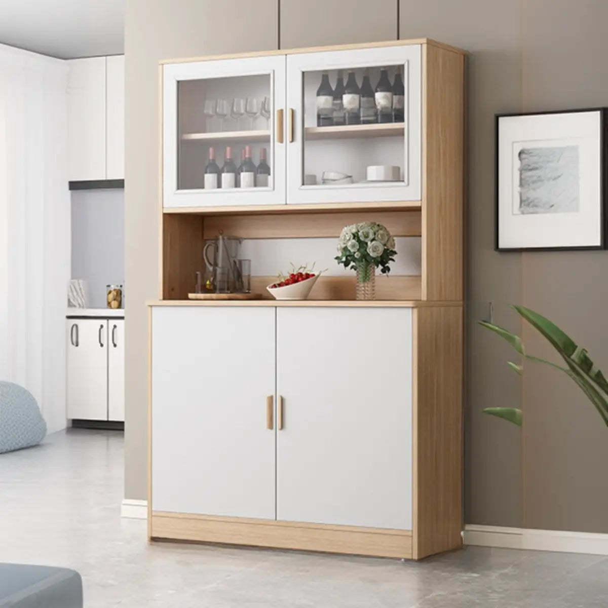 Narrow Gray Wood Cabinet Large Open Buffet — Walnut