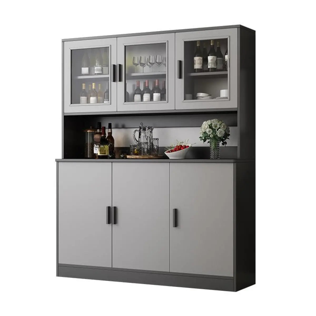 Narrow Gray Wood Cabinet Large Open Buffet — Cherry Wood