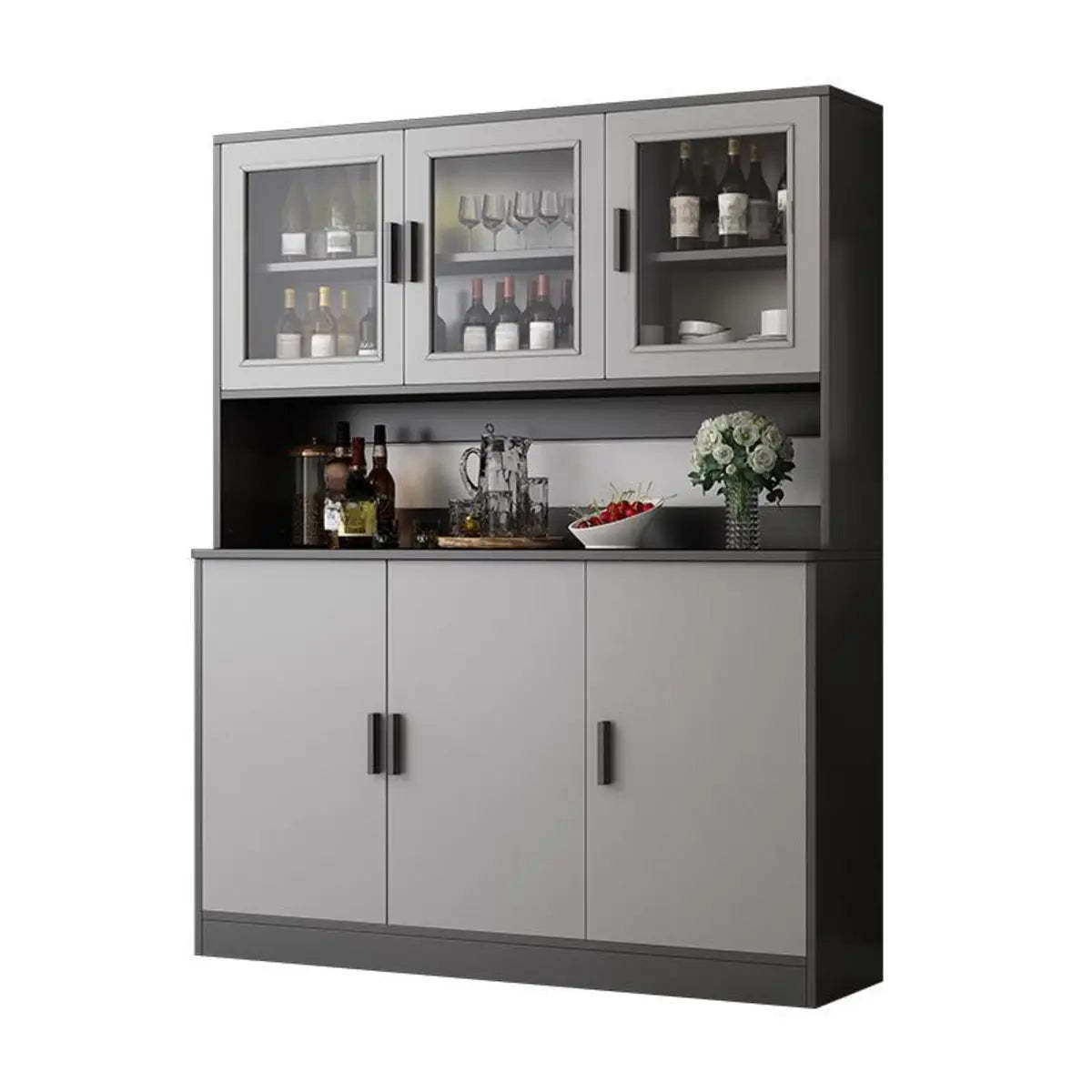 Narrow Gray Wood Cabinet Large Open Buffet — Cherry Wood