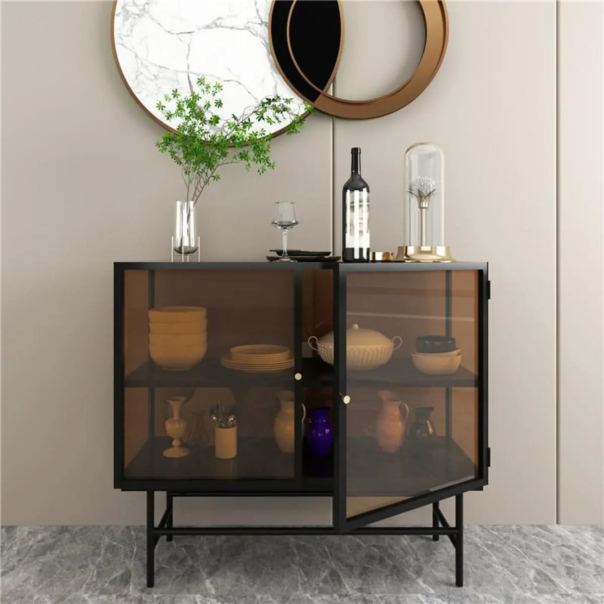 Black Metal Cabinet Shelf Buffet with Glass Doors