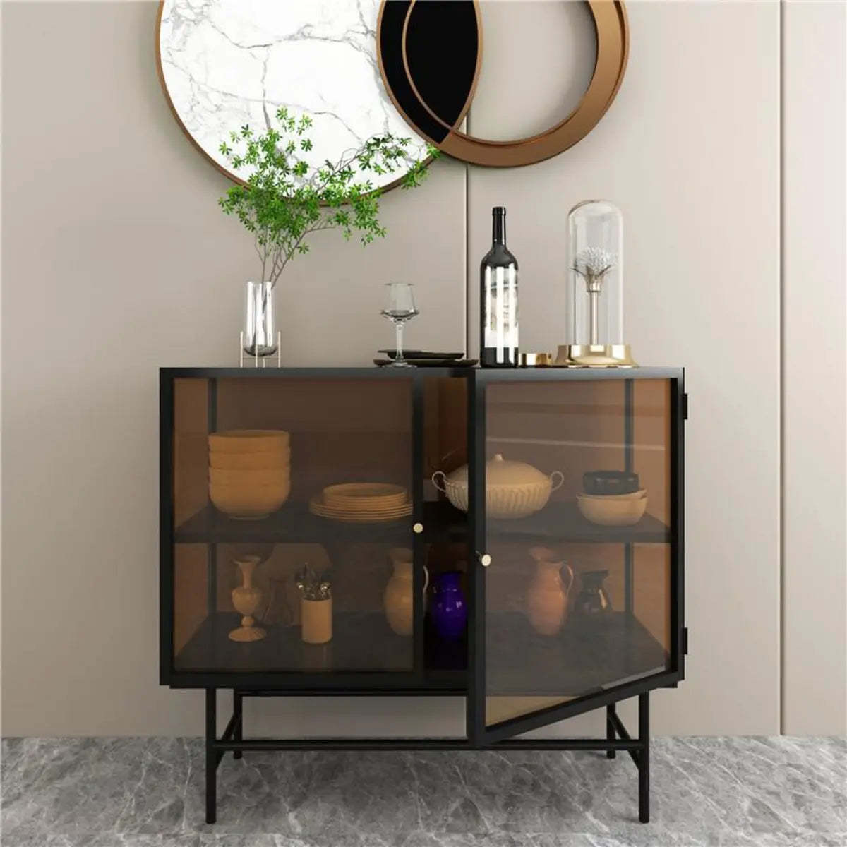 Black Metal Cabinet Shelf Buffet with Glass Doors — Black/ Clear