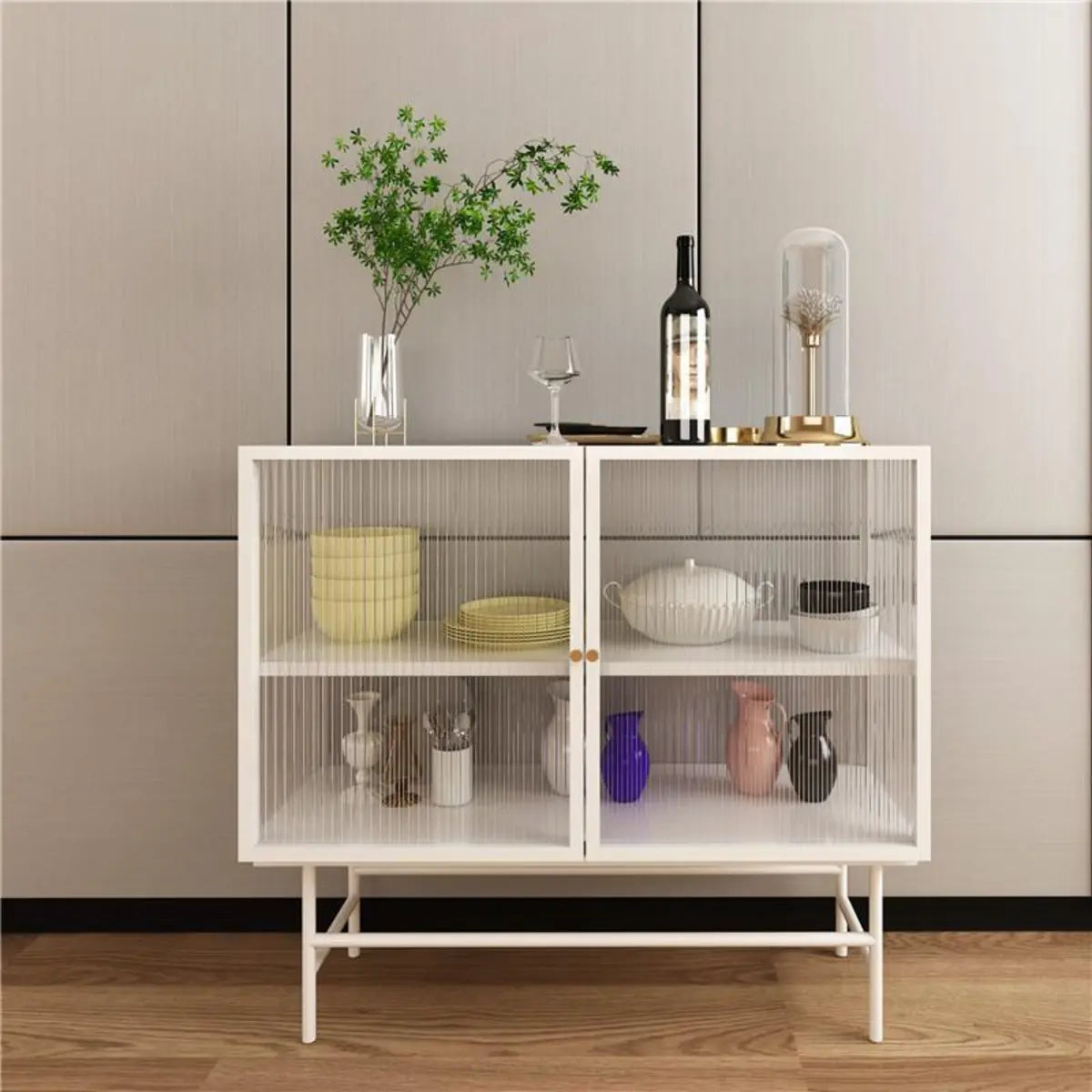 Black Metal Cabinet Shelf Buffet with Glass Doors — Black/ Clear