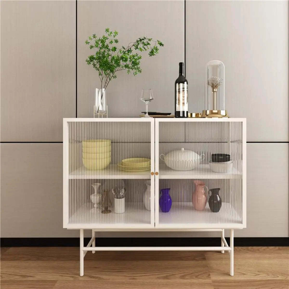 Black Metal Cabinet Shelf Buffet with Glass Doors — Black/ Clear