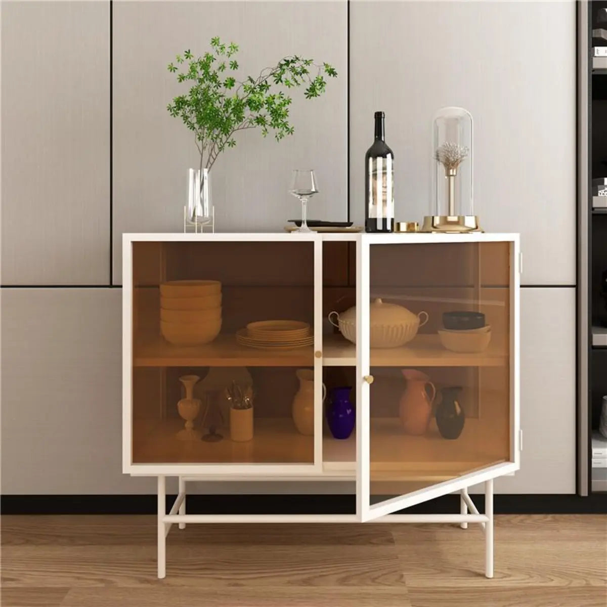 Black Metal Cabinet Shelf Buffet with Glass Doors — Black/ Clear