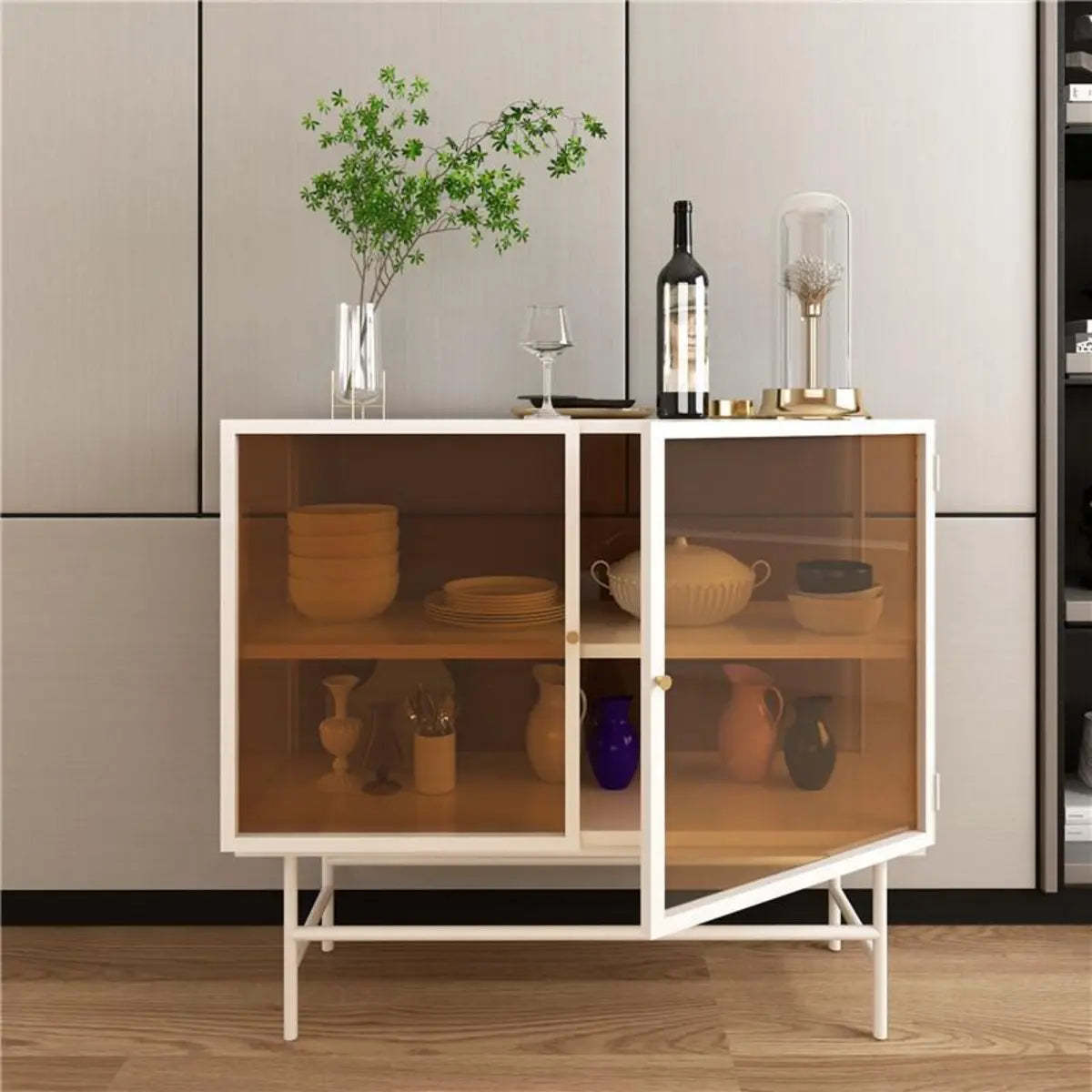 Modern storage buffet black metal display cabinets, Lighom — 31" L x 13" W x 35" H / White / Tawny