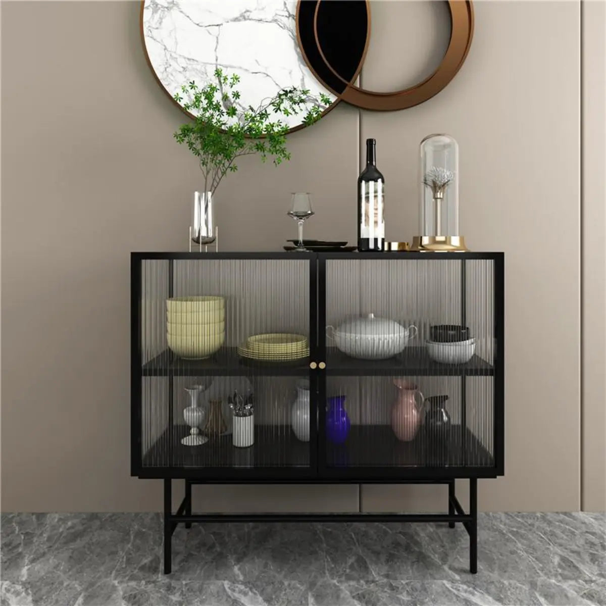 Black Metal Cabinet Shelf Buffet with Glass Doors — Black/ Tawny