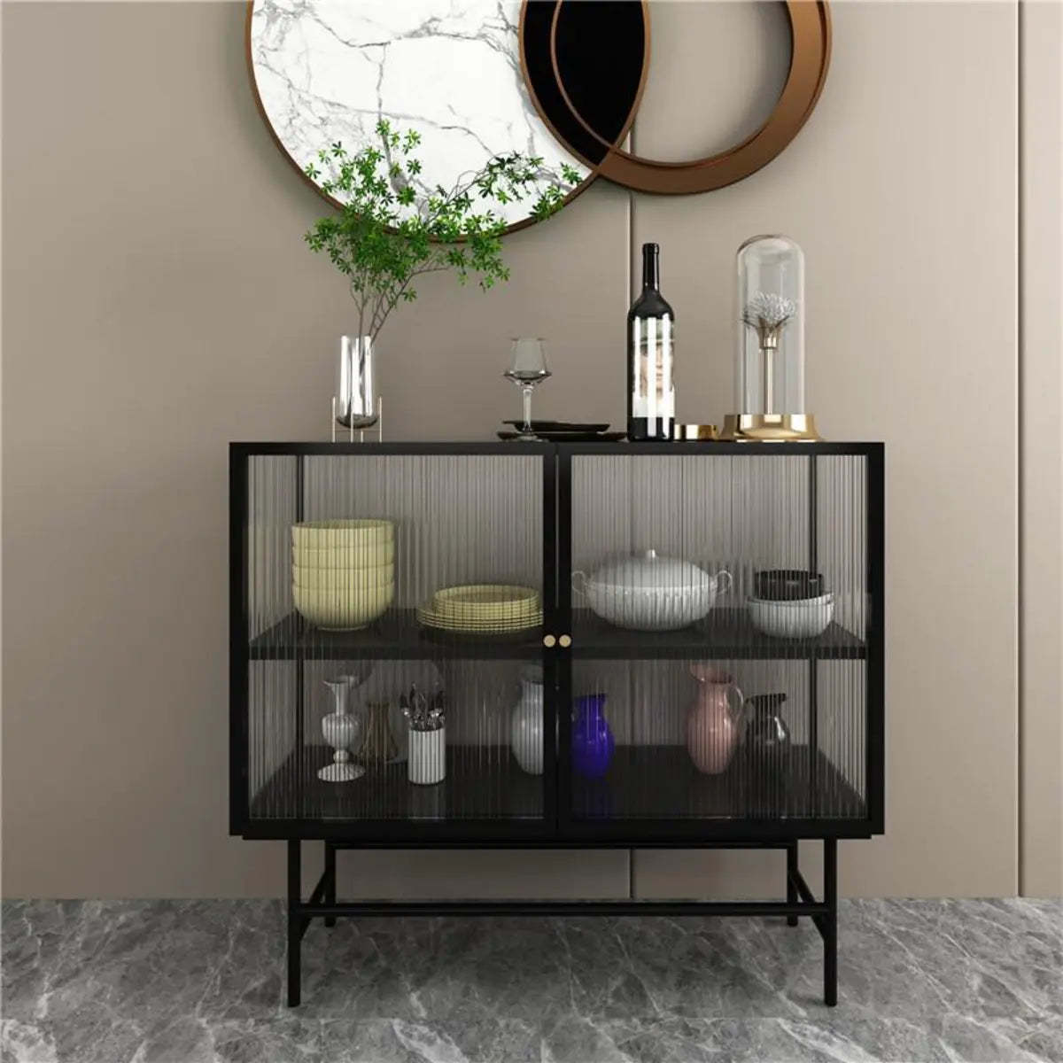 Black Metal Cabinet Shelf Buffet with Glass Doors — Black/ Tawny