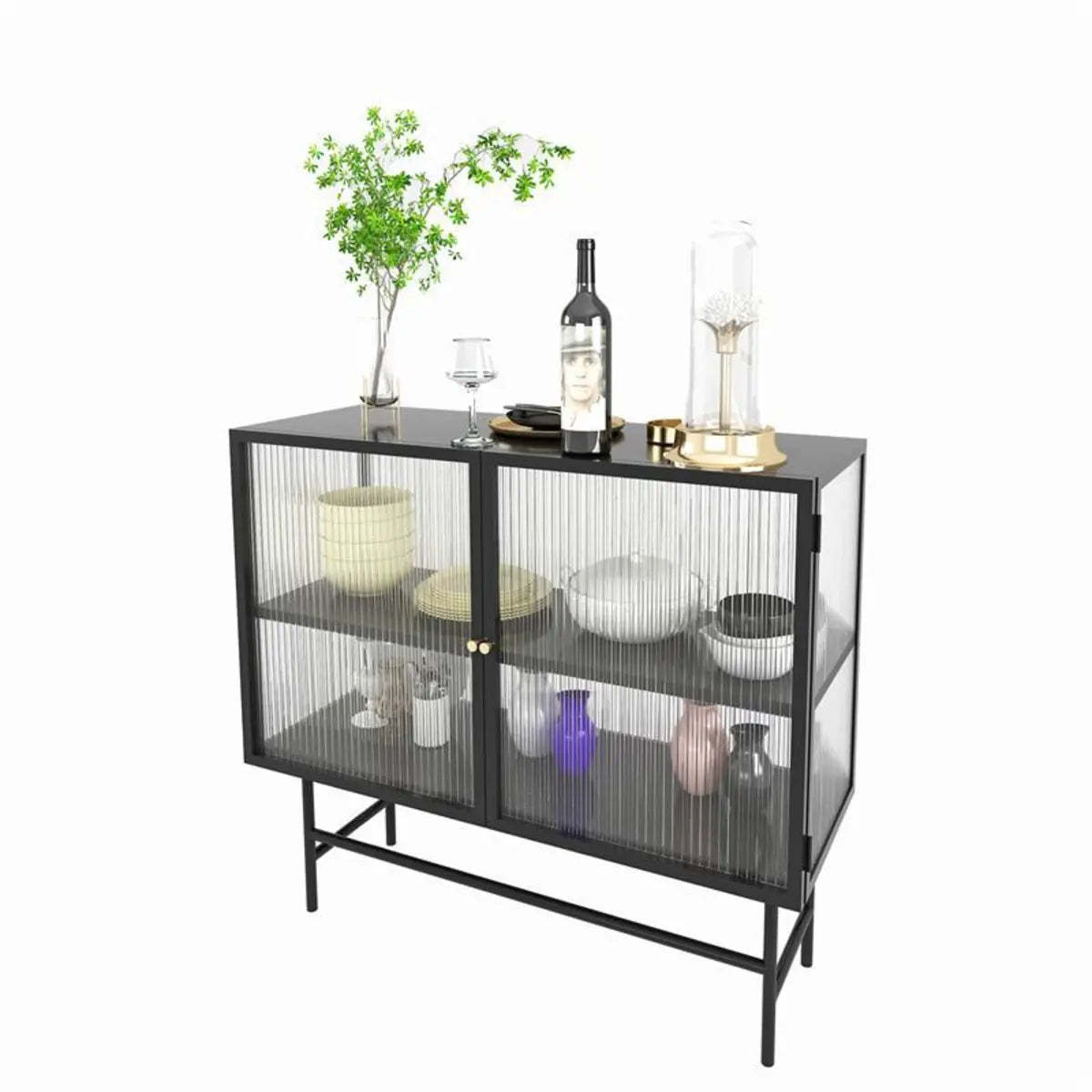 Black Metal Cabinet Shelf Buffet with Glass Doors — Black/ Tawny