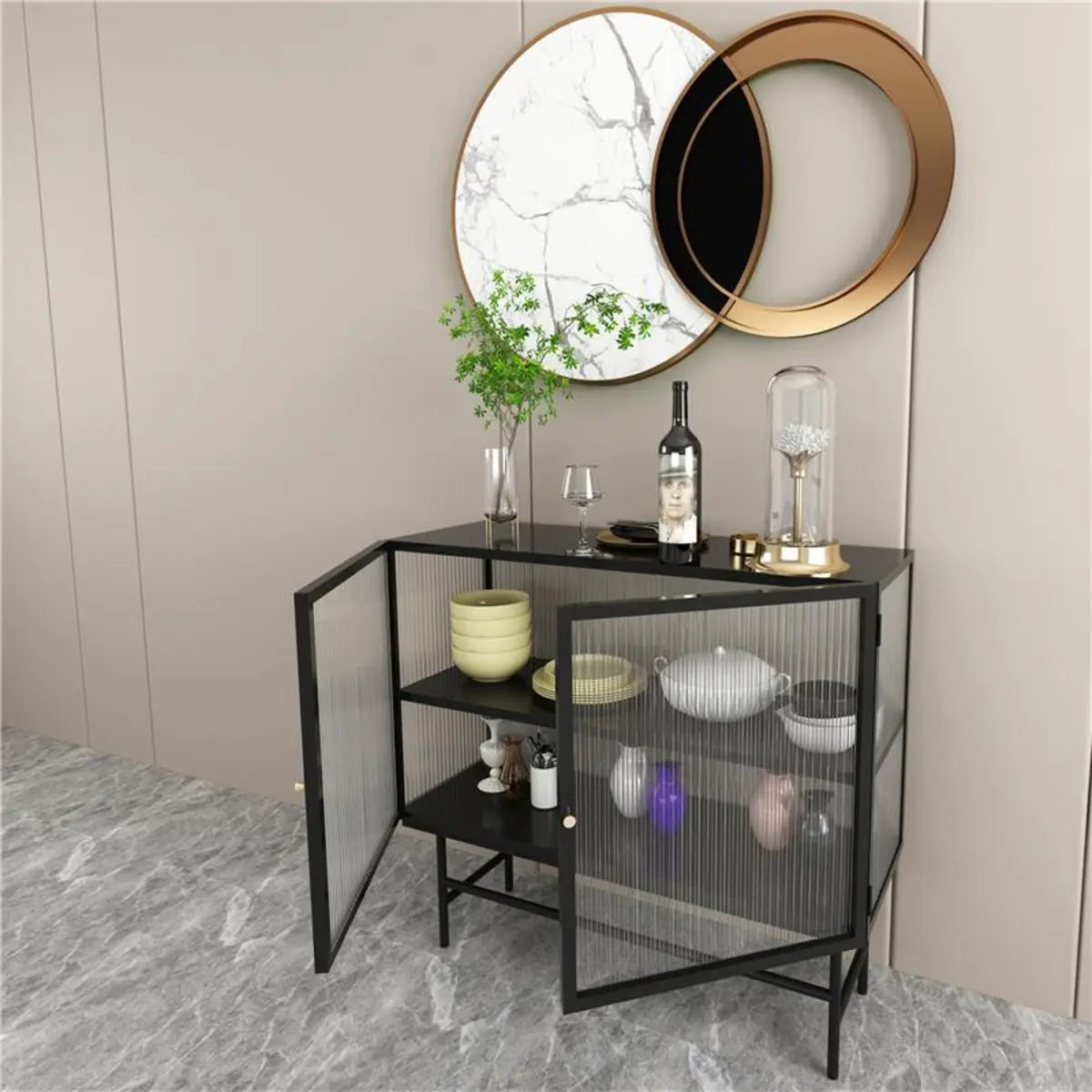 Black Metal Cabinet Shelf Buffet with Glass Doors — Black/ Tawny