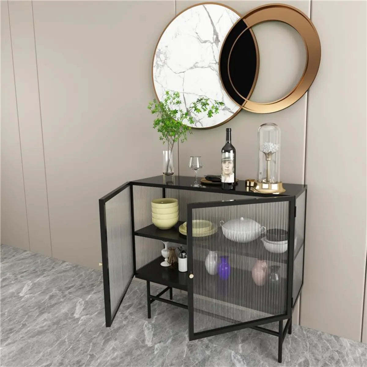 Black Metal Cabinet Shelf Buffet with Glass Doors — Black/ Tawny