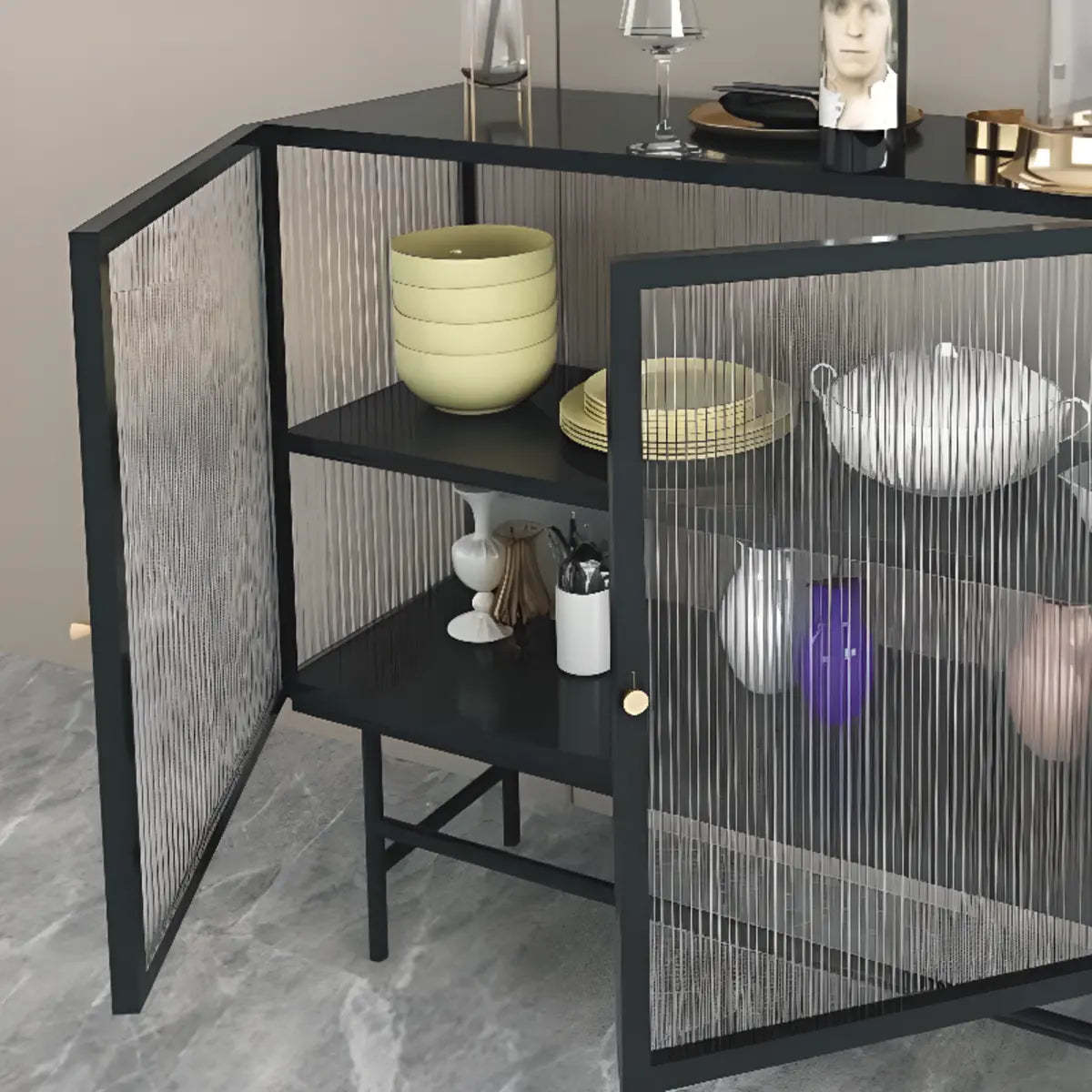 Black Metal Cabinet Shelf Buffet with Glass Doors — White-Clear