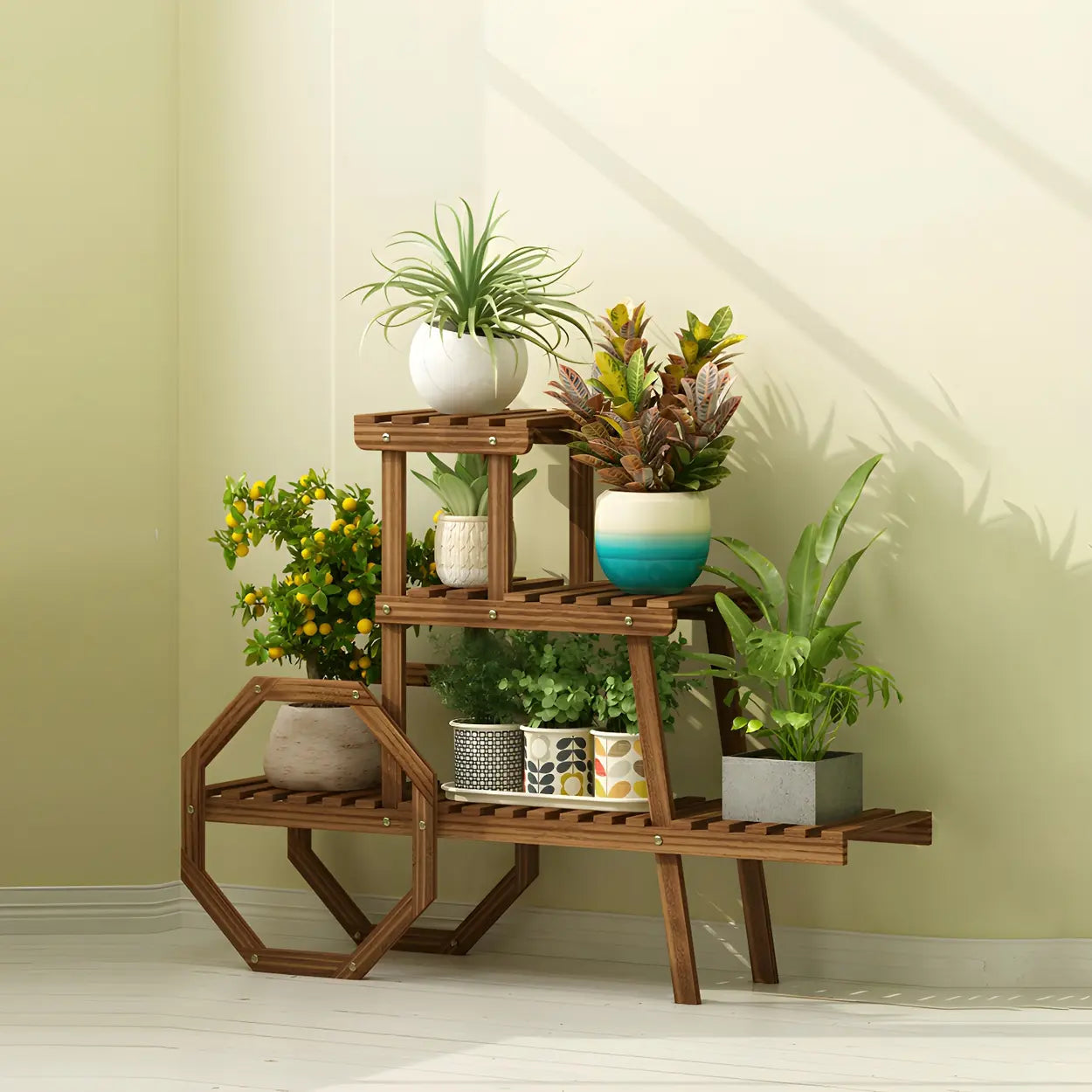 Car-Shape Multi-Tier Wood Indoor Plant Stand — Tan